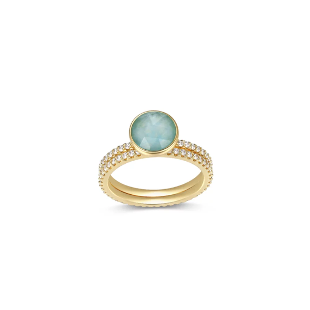 Fleur De Vie Diamondlite CZ, Crystal and Peru Amazonite Set of Two Rings - Gold - Size 7