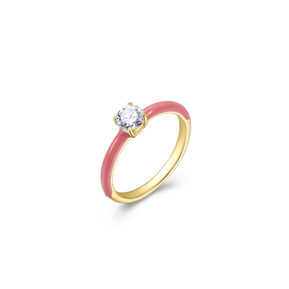 Collection de bonbons en coton sucré Bague solitaire en émail Cubic Zirconia Diamondlite ronde - Rose foncé - Taille 7