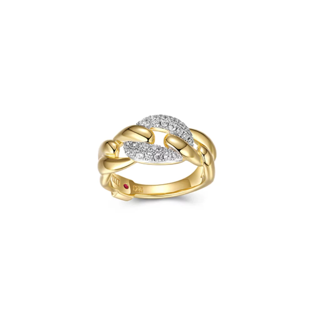 ELLE "Ebullience" Twisted Oval Link with Cubic Zirconia Ring - Silver and Gold - Size 7