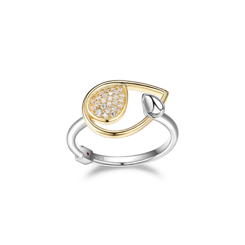 ELLE "Moon Shadow" Sterling Silver Pear Shape and Pave Cubic Zirconia Ring - Silver & Gold - Size 6