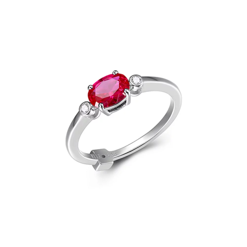 ELLE "Holiday Stars" Oval Created Ruby and Lab Grown Diamond Solitaire Ring - Silver - Size 6
