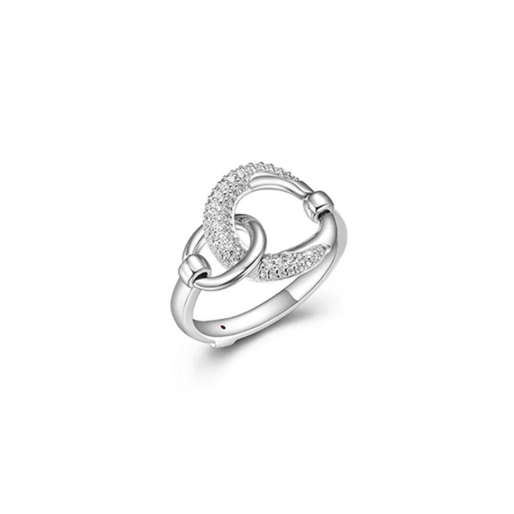 ELLE "Caramel" Interlocking Oval Link and Pave Cubic Zirconia Ring - Silver - Size 8