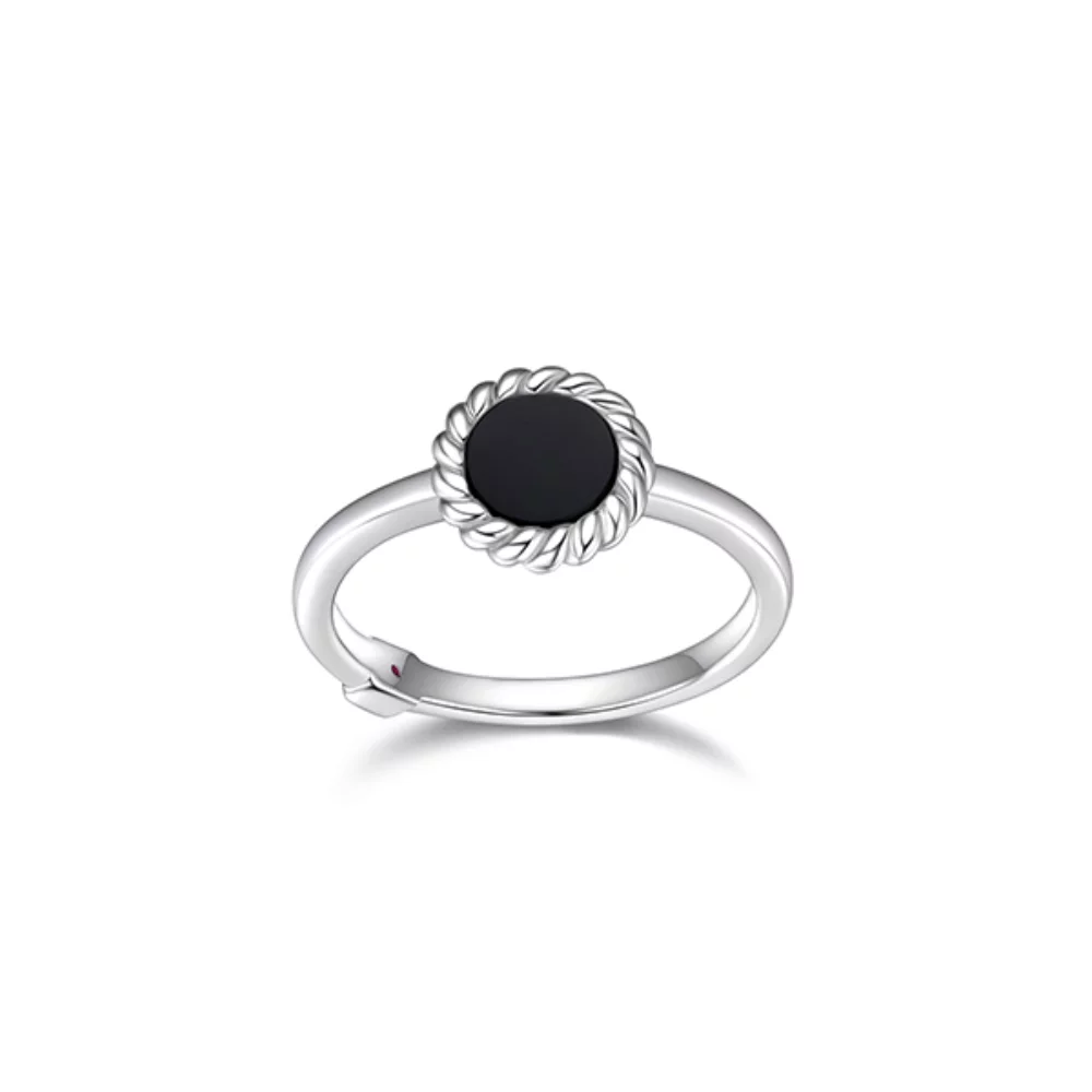 ELLE "Nautical" 6mm Round Black Agate with Rope Trim Ring - Silver - Size 7