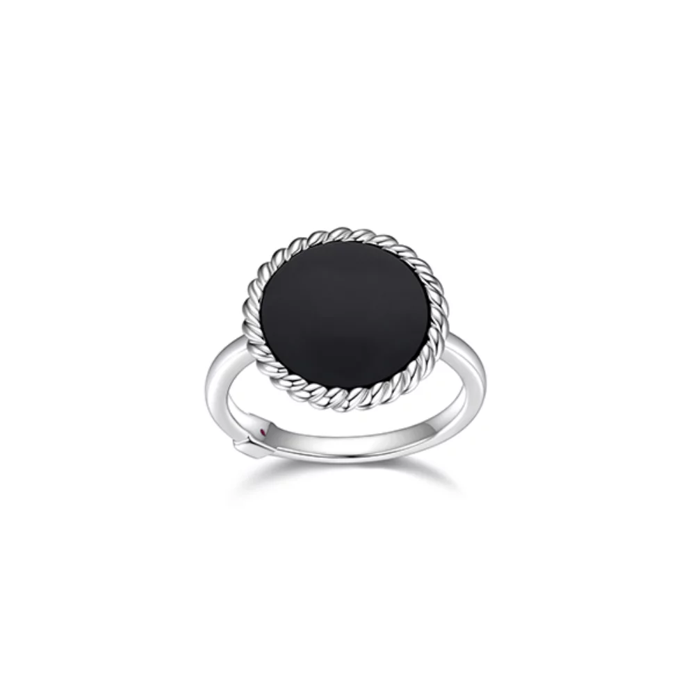 BAGUE "Nautique" en agate noire ronde de 12 mm avec bordure en corde - Argent - Taille 7
