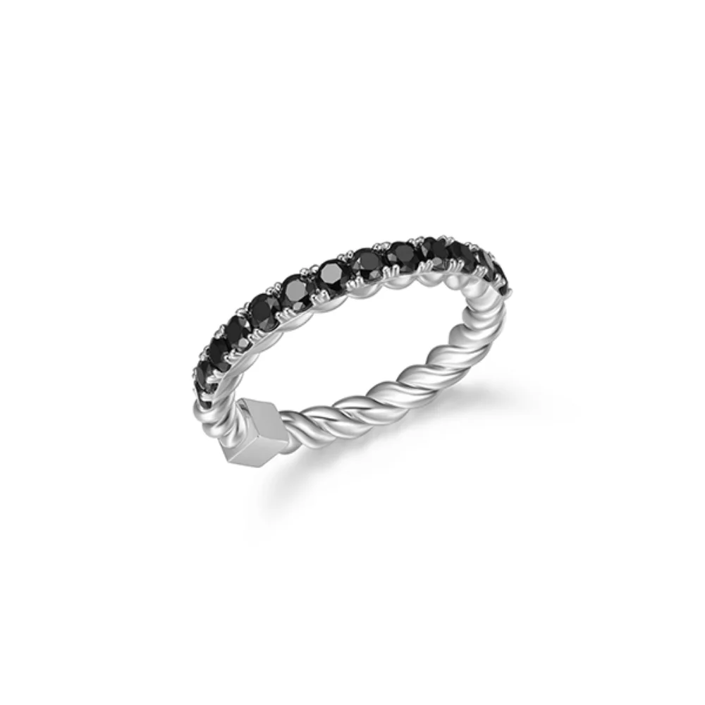 Bague en argent avec finition en corde "Nautique" et spinelle noir rond - Taille 7