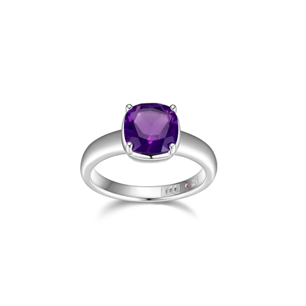 ELLE "Marble" Amethyst Cushion Cut Solitaire Ring - Silver - Size 8