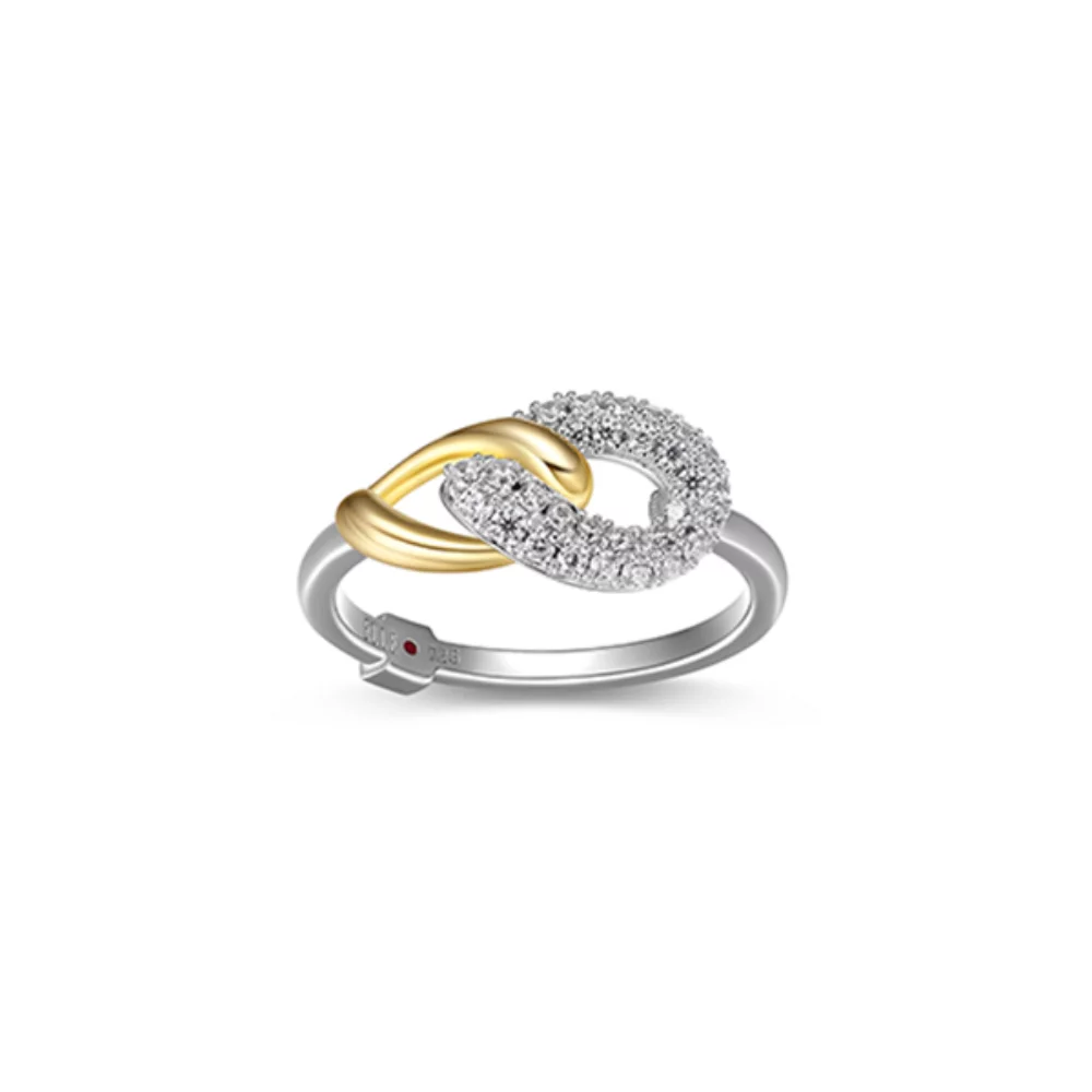 ELLE "Ebullience" Twisted Oval Link with Cubic Zirconia Ring - Silver and Gold - Size 6