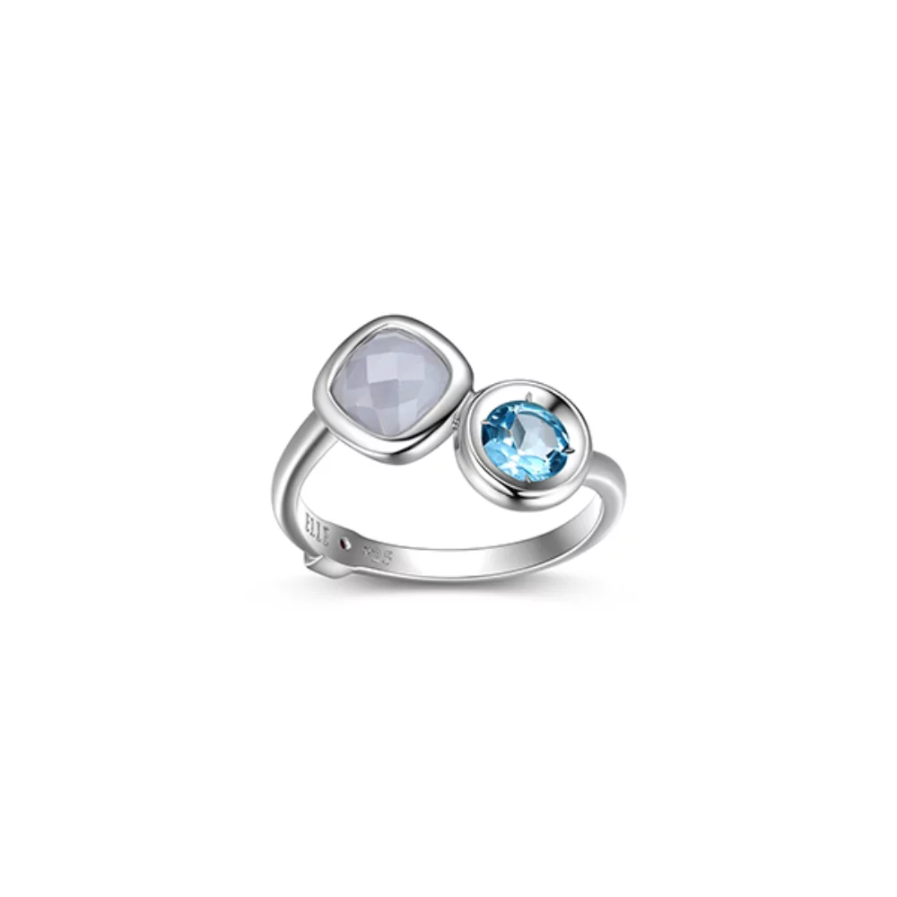 ELLE "Mirage" Round Topaz and Cushion Cut Agate Bezel Set Bypass Ring - Blue - Size 6