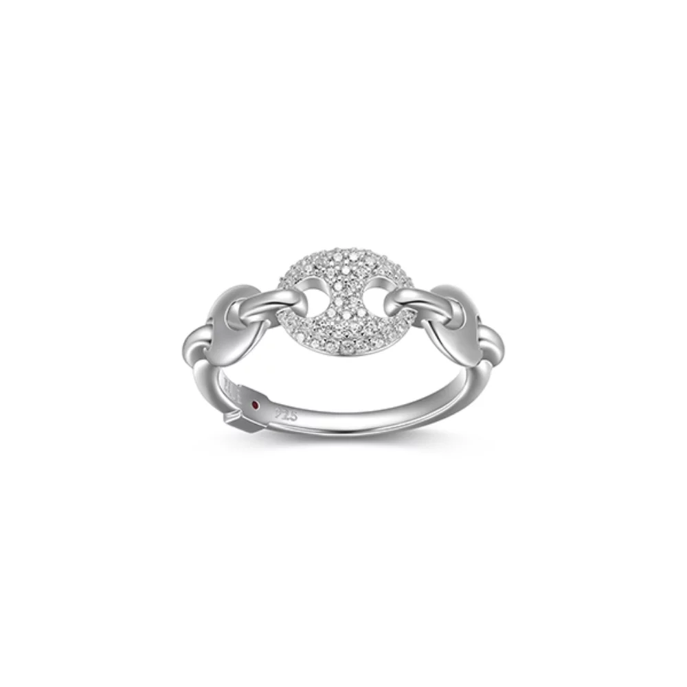 ELLE "Espion" Sterling Silver Marine Link with Pave Cubic Zirconia Ring - Silver - Size 9