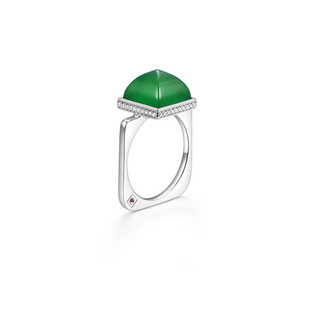 ELLE "Pivot" Genuine Green Agate & Cubic Zirconia Band Statement Ring - Silver - Size 7