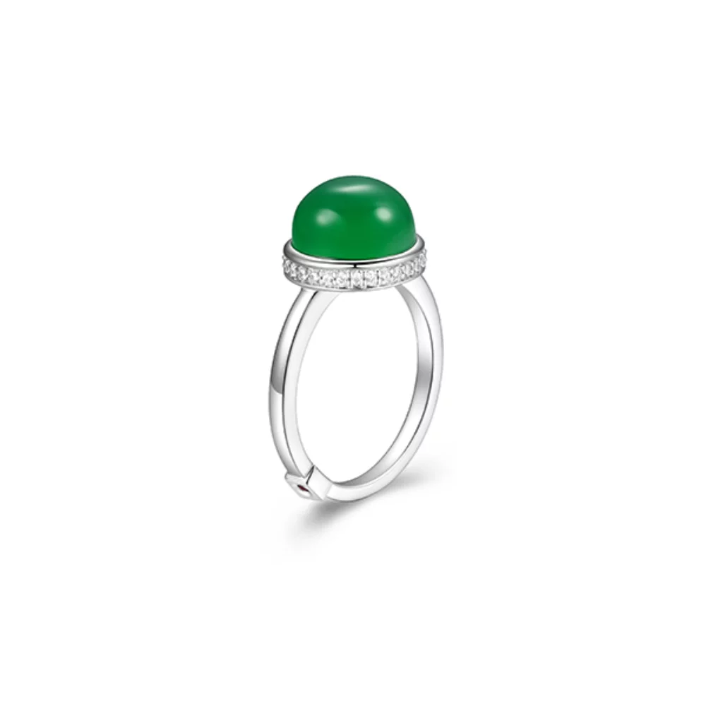 ELLE "Pivot" Genuine Green Agate & Cubic Zirconia Statement Ring - Silver - Size 7