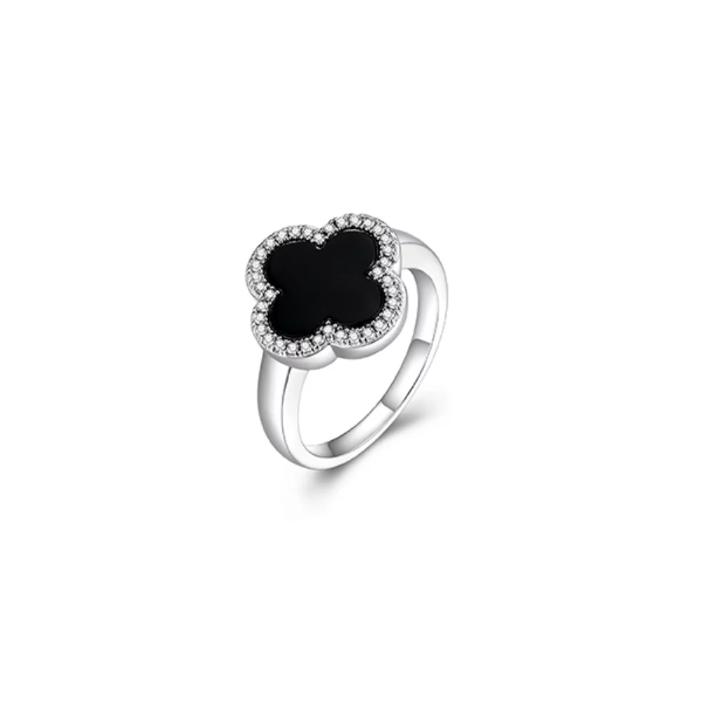 Charles Garnier Sterling Silver "Bliss" Black Agate with CZ Clover Ring - Silver - Size 7