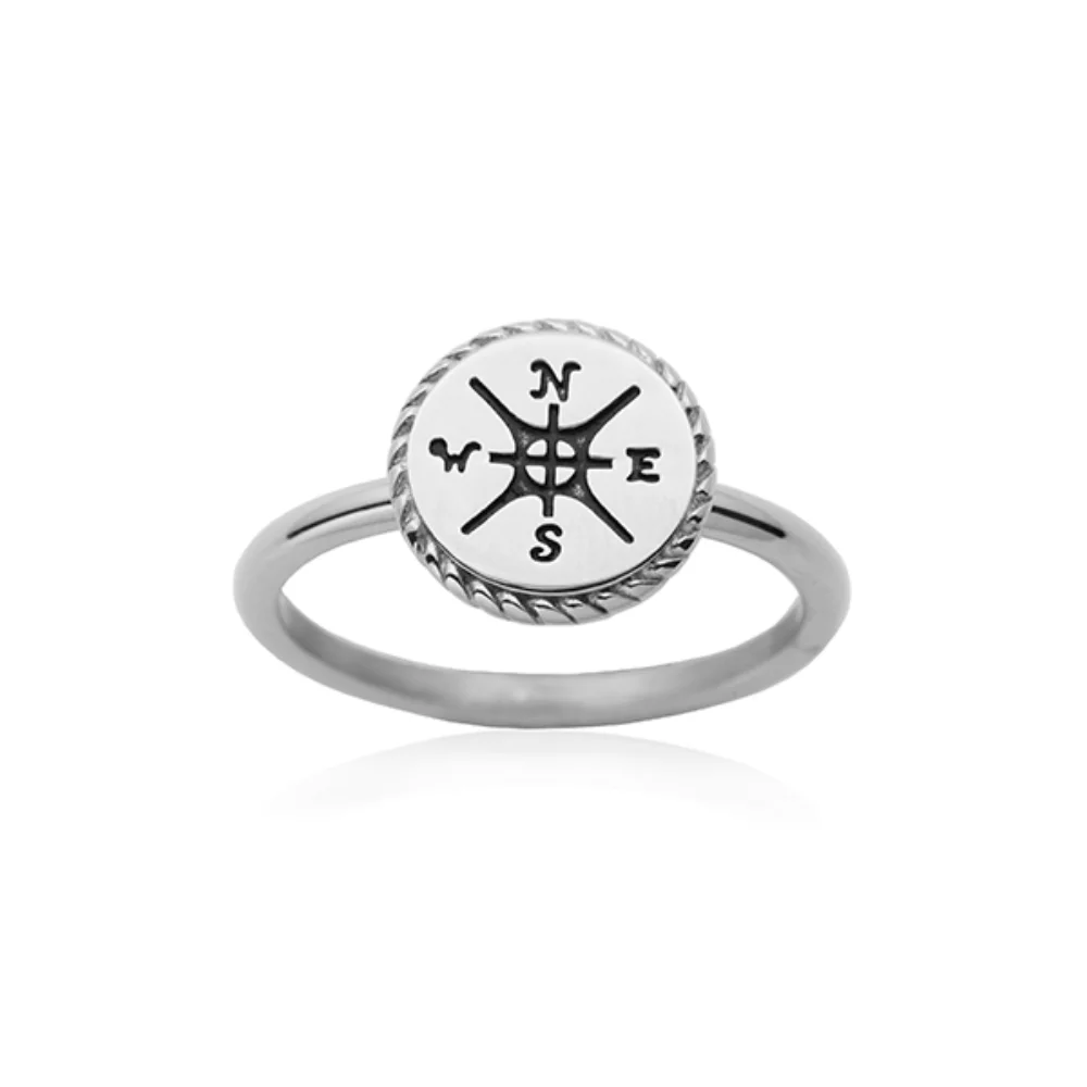 CJ Steelx "NSEW" Compass Ring- Silver - Size 8