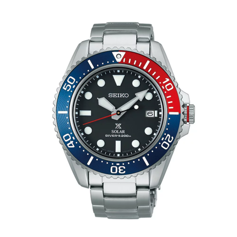 Montre de plongée Seiko Prospex SNE591 à énergie solaire pour hommes - Rouge et bleu