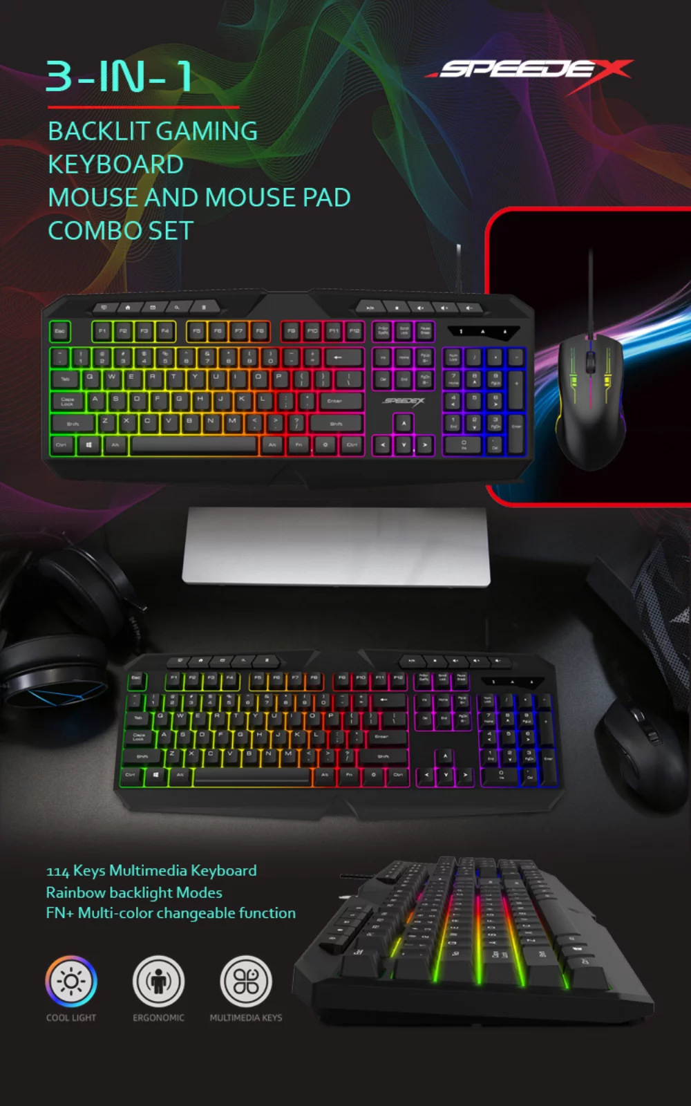 Speedex KMKB920CM 3-in1 Multimedia Rainbow Backlight gaming Keyboard and Mouse Combo