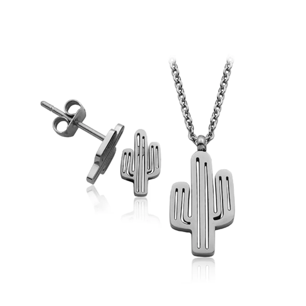 CJ Steelx Cactus Pendant and Earring Set - Silver