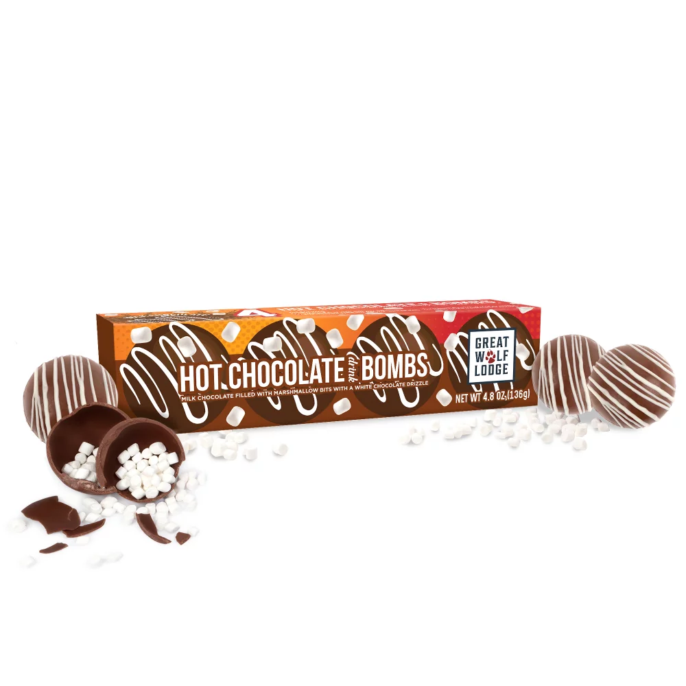 Lot de 4 bombes de chocolat chaud dans une boîte cadeau en couleur.
