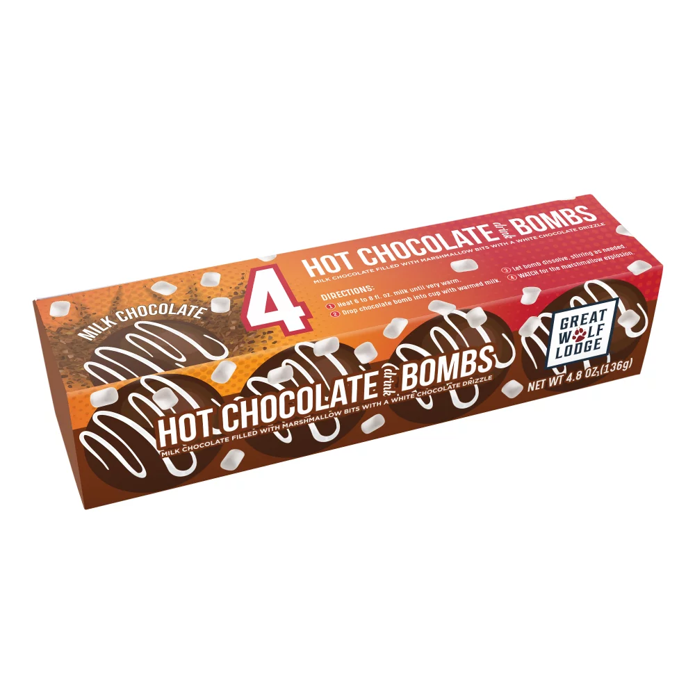 Lot de 4 bombes de chocolat chaud dans une boîte cadeau en couleur.