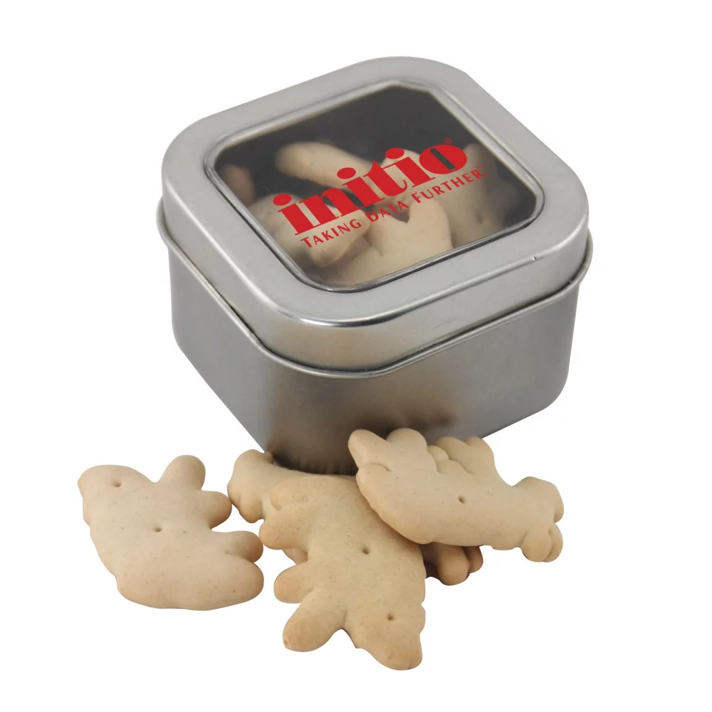 Boîte en fer blanc avec des biscuits en forme d'animaux