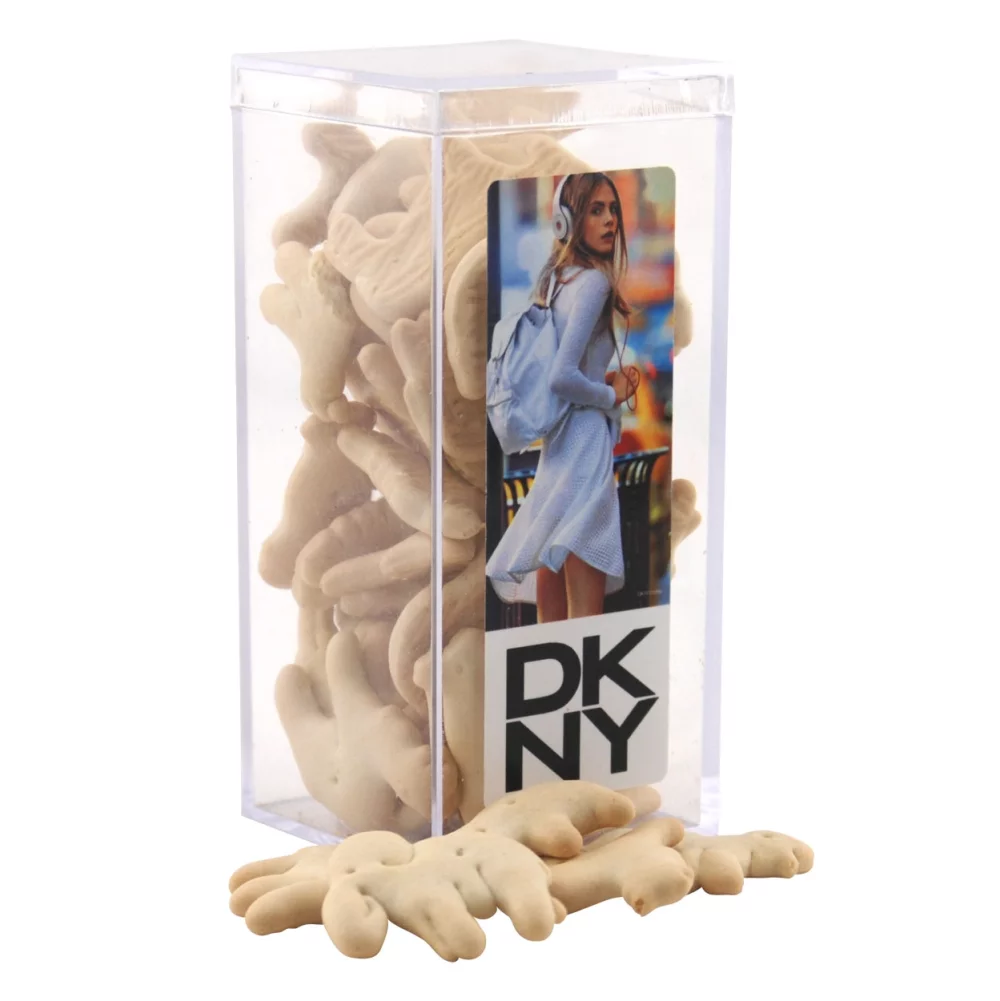 Boîte en acrylique avec des biscuits en forme d'animaux