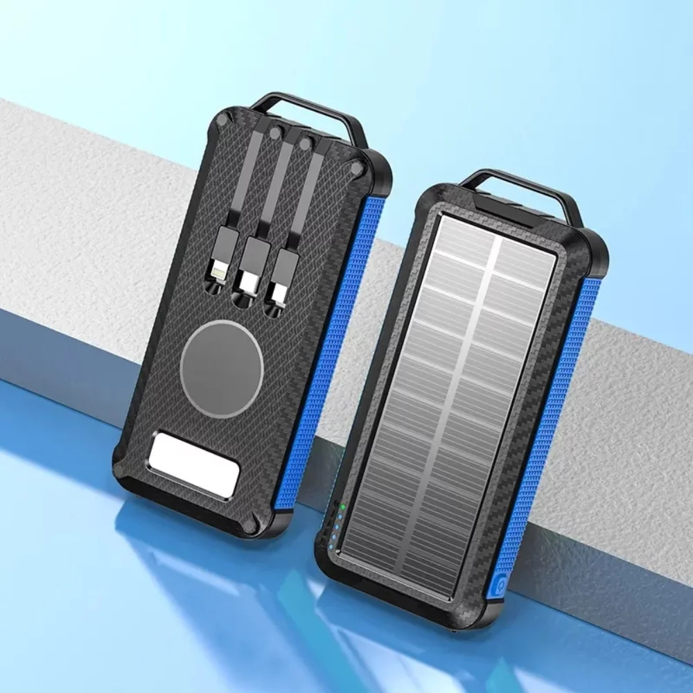Solar Charger w/3 Built-in Cables and Wireless Portable Power Bank