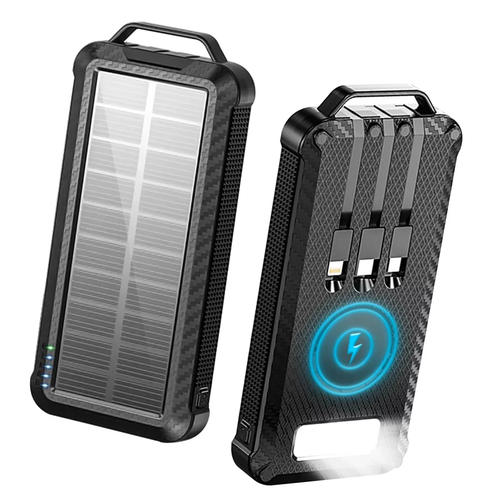 Solar Charger w/3 Built-in Cables and Wireless Portable Power Bank