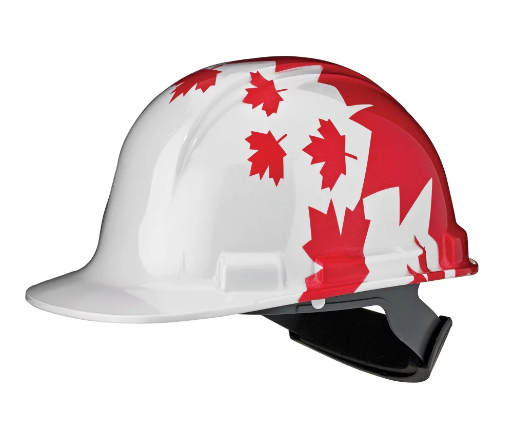 Le casque rigide à cliquet Whistler Sure-Lock avec design de feuille d'érable canadienne rouge.