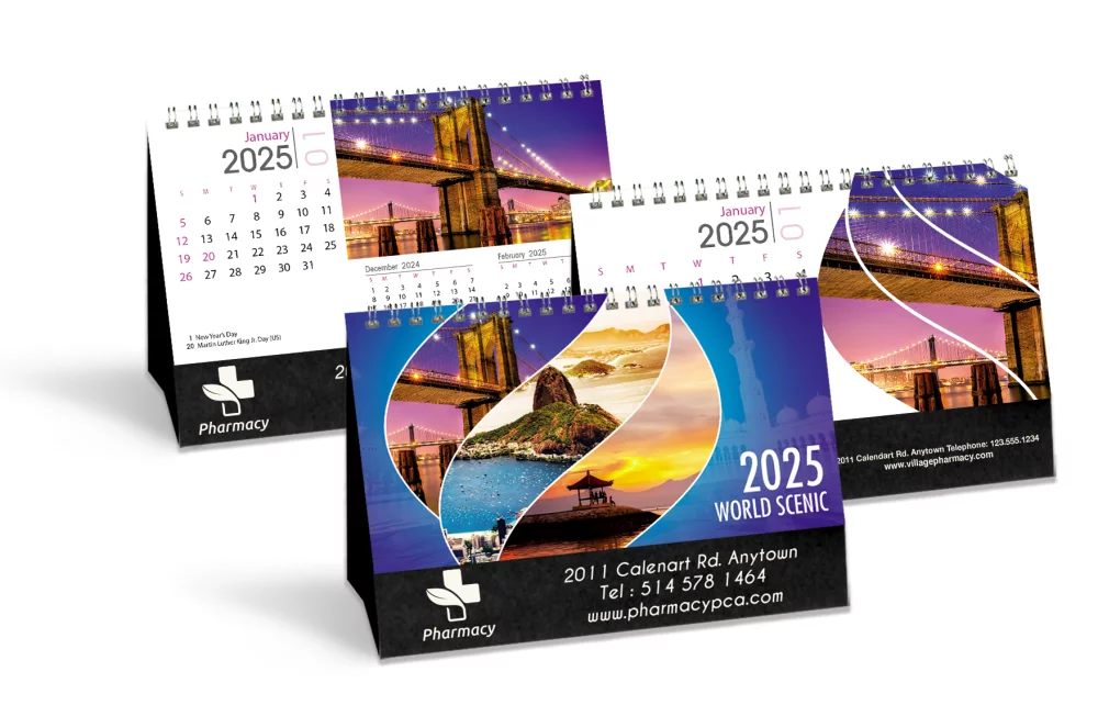 Calendrier de bureau double vue panoramique du monde