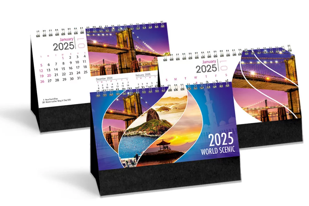 Calendrier de bureau double vue panoramique du monde