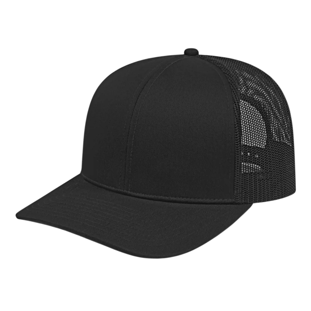 Casquette de camionneur en poly/coton avec filet à l'arrière.