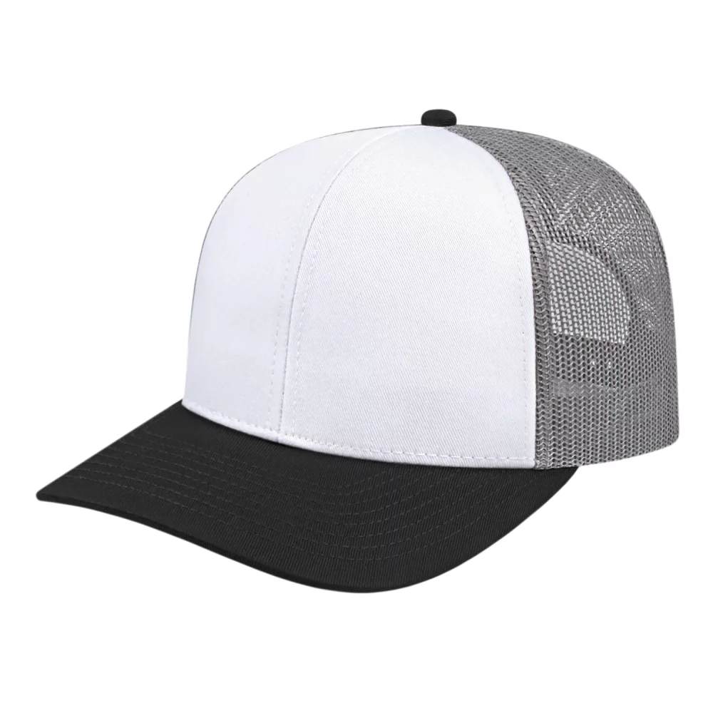 Casquette de camionneur en poly/coton avec filet à l'arrière.