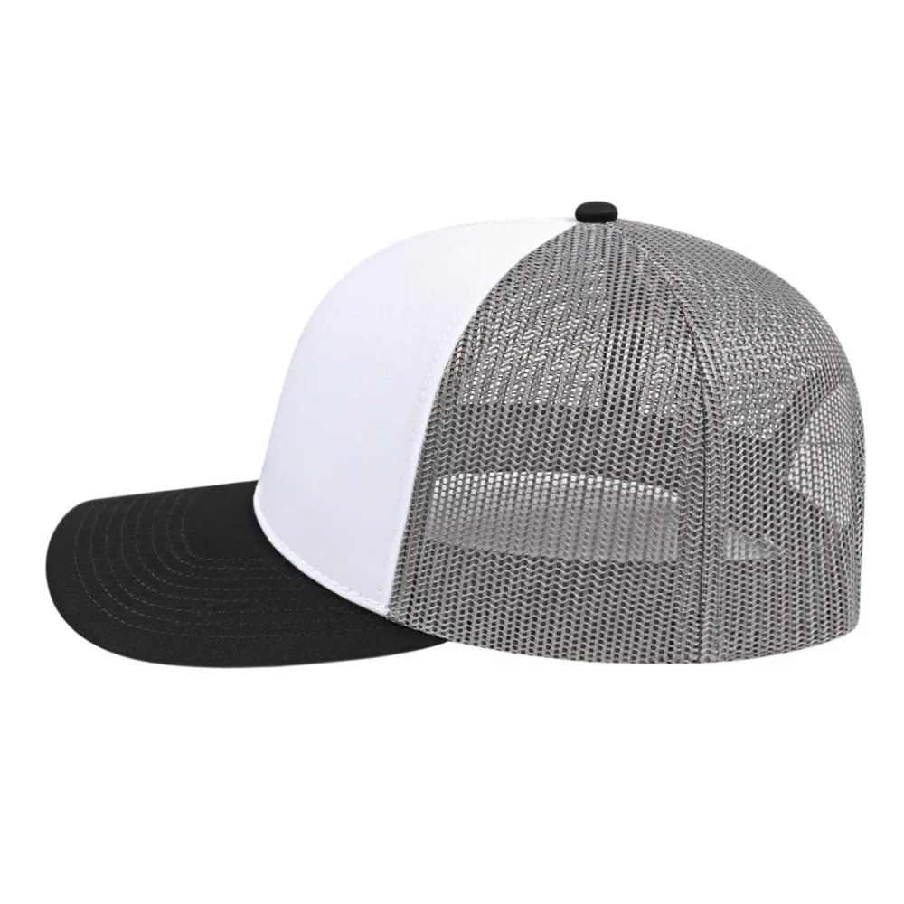 Casquette de camionneur en poly/coton avec filet à l'arrière.