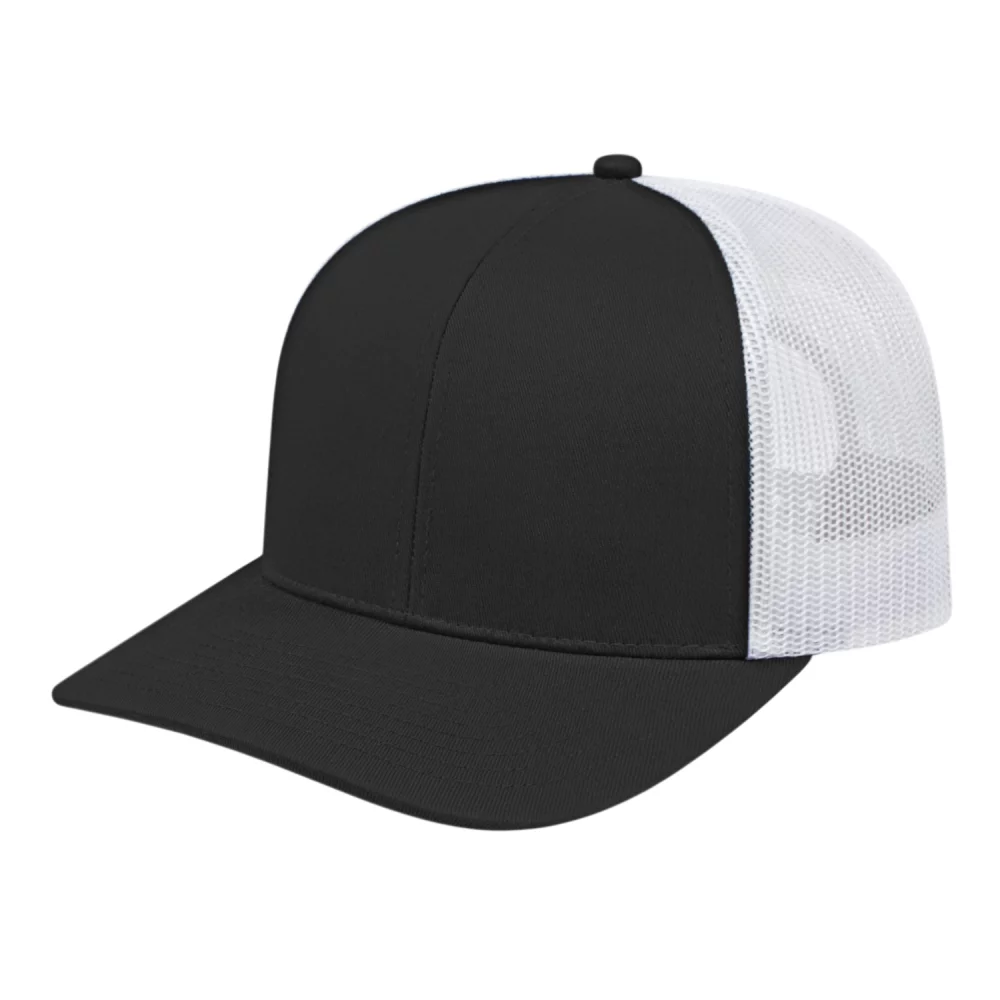 Casquette de camionneur en poly/coton avec filet à l'arrière.