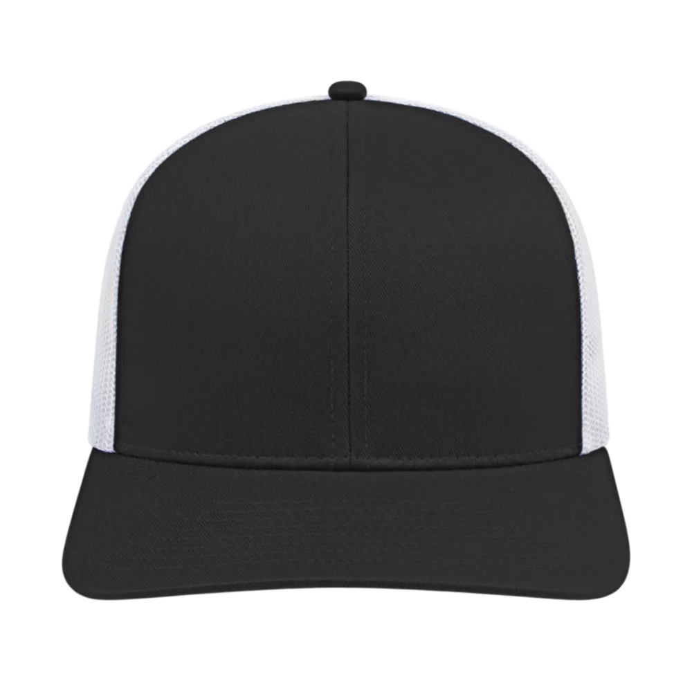 Casquette de camionneur en poly/coton avec filet à l'arrière.
