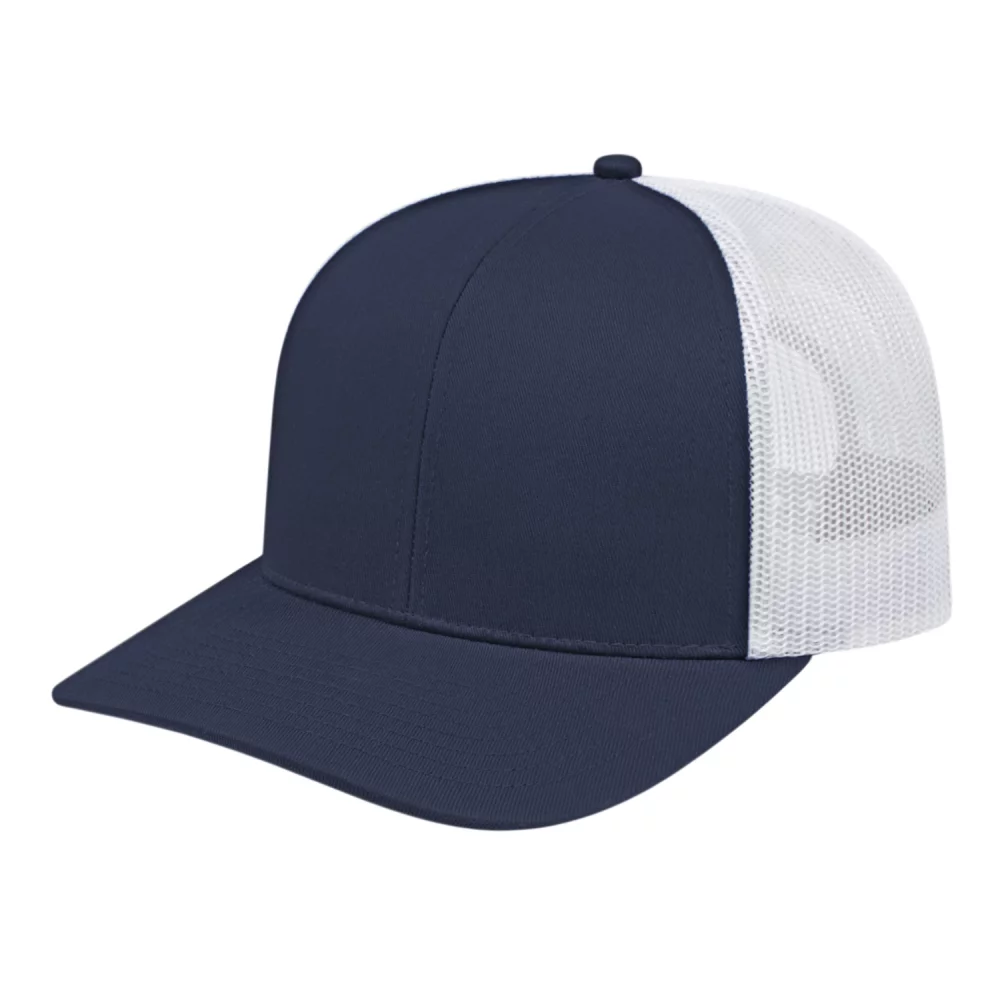 Casquette de camionneur en poly/coton avec filet à l'arrière.