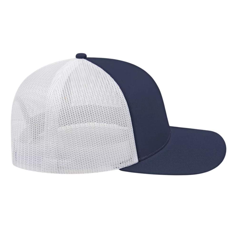 Casquette de camionneur en poly/coton avec filet à l'arrière.