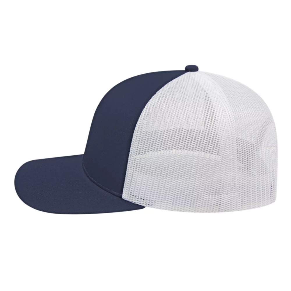 Casquette de camionneur en poly/coton avec filet à l'arrière.
