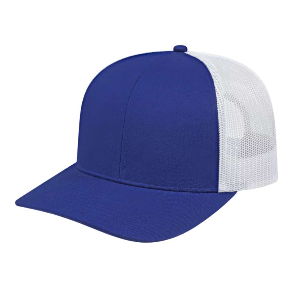 Casquette de camionneur en poly/coton avec filet à l'arrière.
