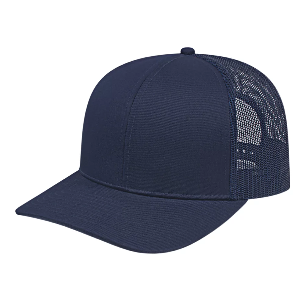 Casquette de camionneur en poly/coton avec filet à l'arrière.