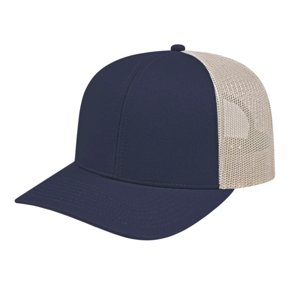 Casquette de camionneur en poly/coton avec filet à l'arrière.