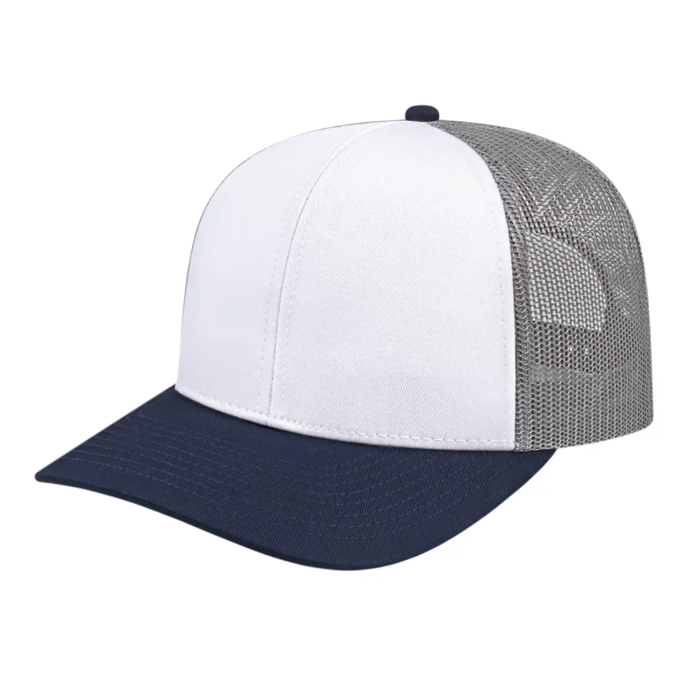Casquette de camionneur en poly/coton avec filet à l'arrière.