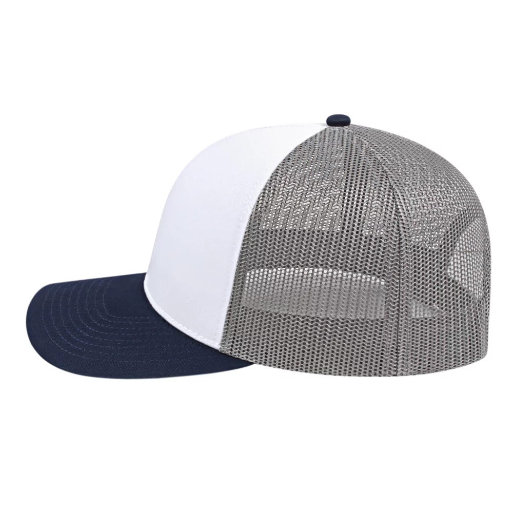 Casquette de camionneur en poly/coton avec filet à l'arrière.