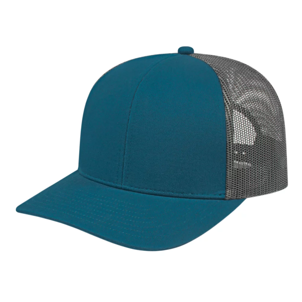 Casquette de camionneur en poly/coton avec filet à l'arrière.