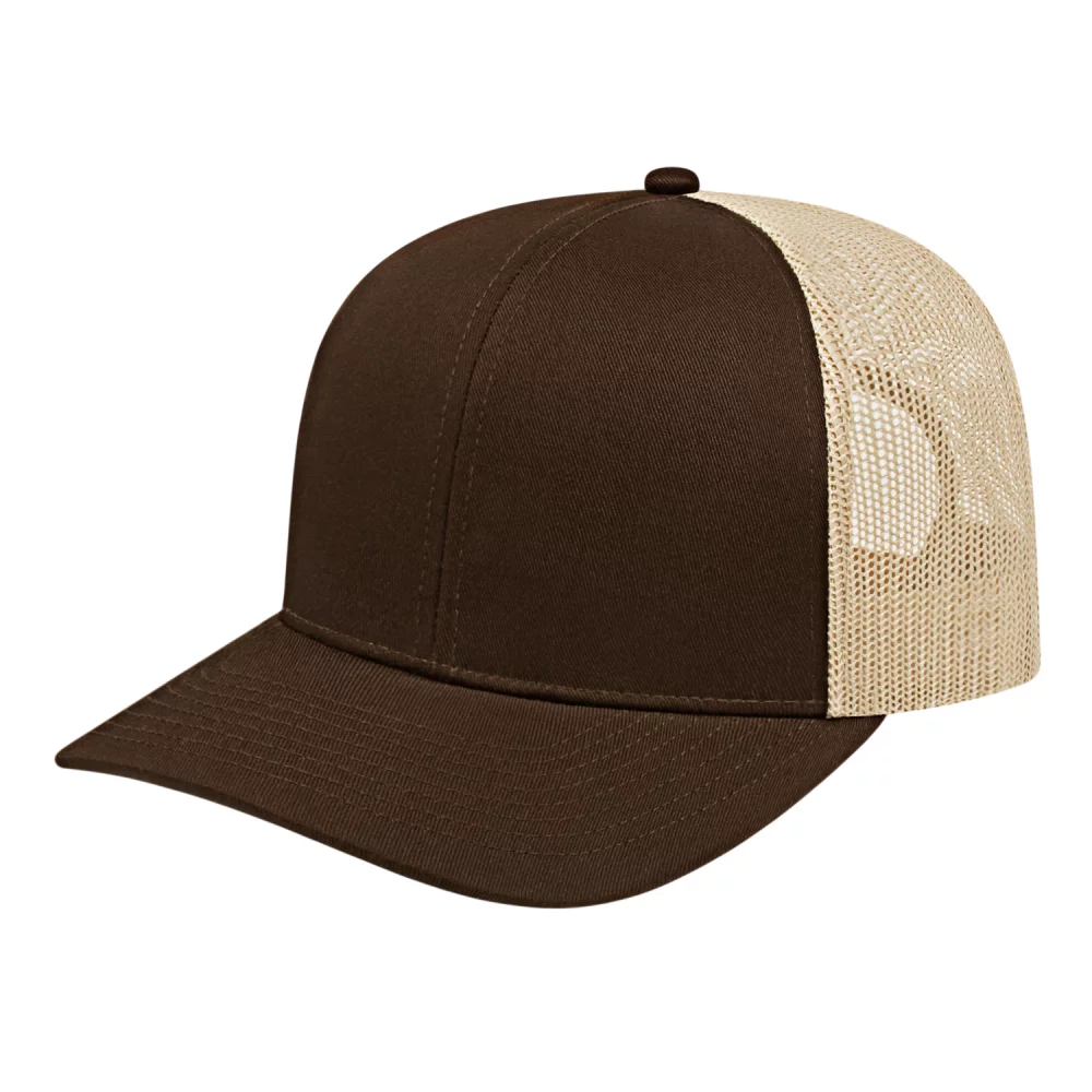 Casquette de camionneur en poly/coton avec filet à l'arrière.