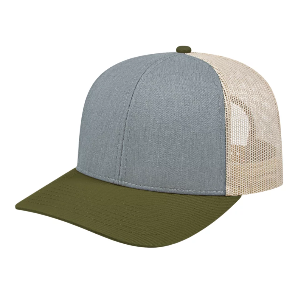 Casquette de camionneur en poly/coton avec filet à l'arrière.