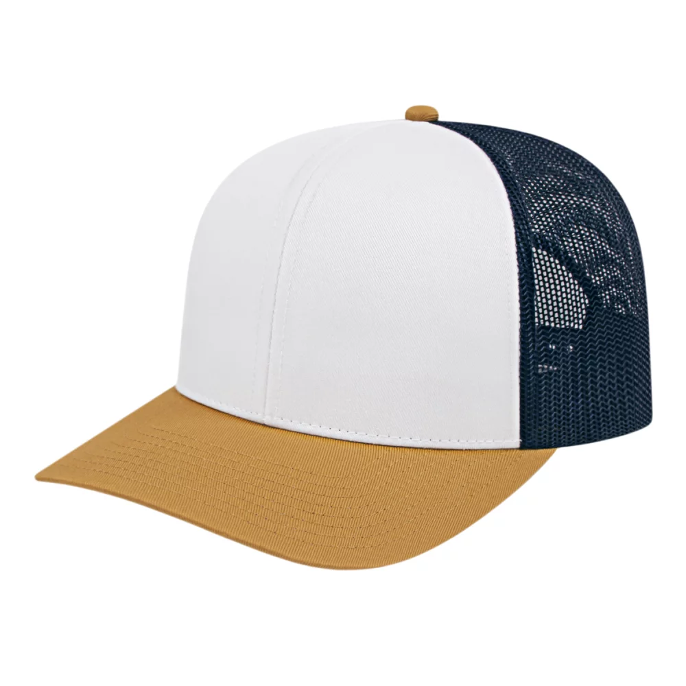 Casquette de camionneur en poly/coton avec filet à l'arrière.