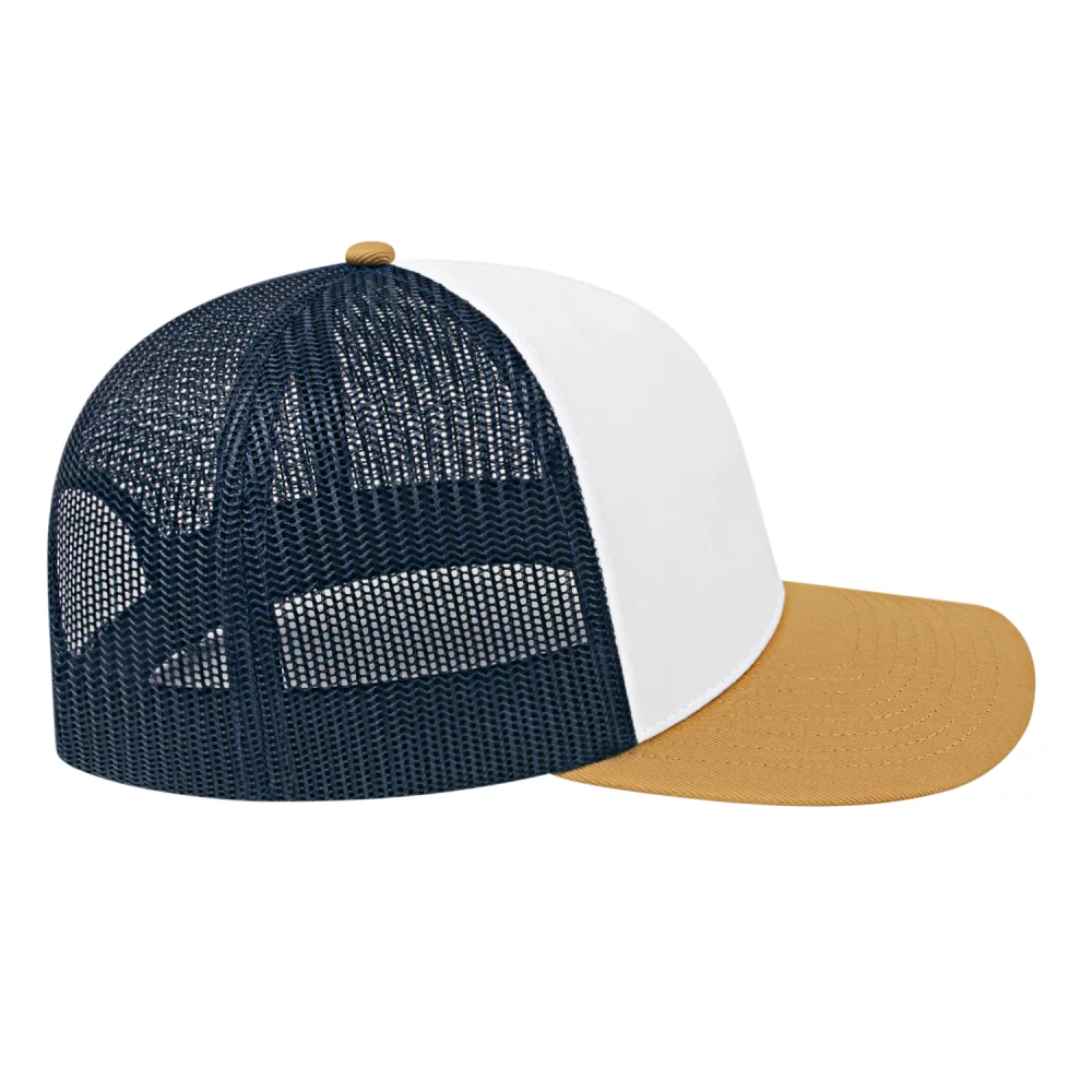 Casquette de camionneur en poly/coton avec filet à l'arrière.
