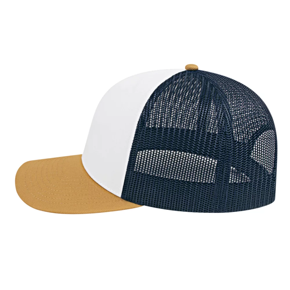 Casquette de camionneur en poly/coton avec filet à l'arrière.