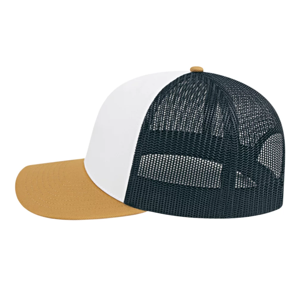 Casquette de camionneur en poly/coton avec filet à l'arrière.