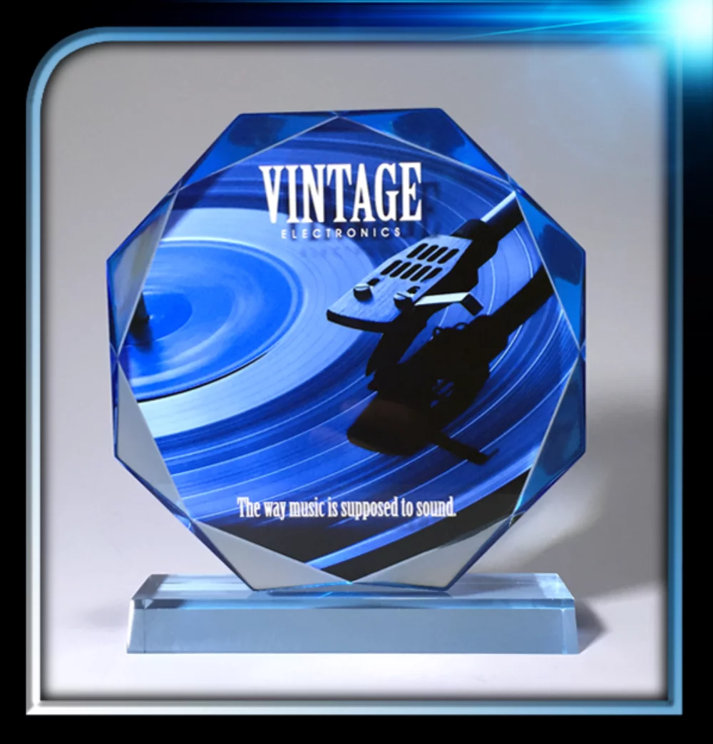 Executive Series Blue Faceted Edge Award w/Base (7" Diameter x 3/4")